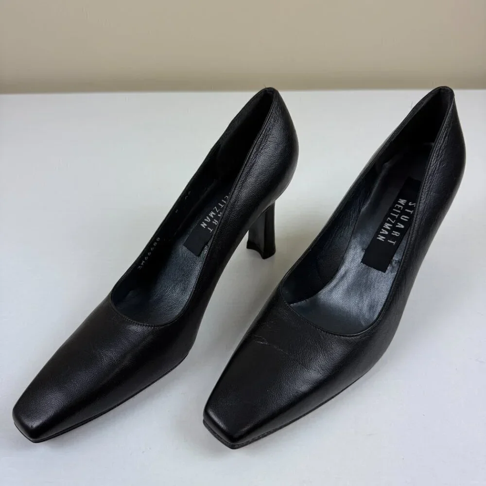 New Stuart Weitzman Black Leather Heel Pumps